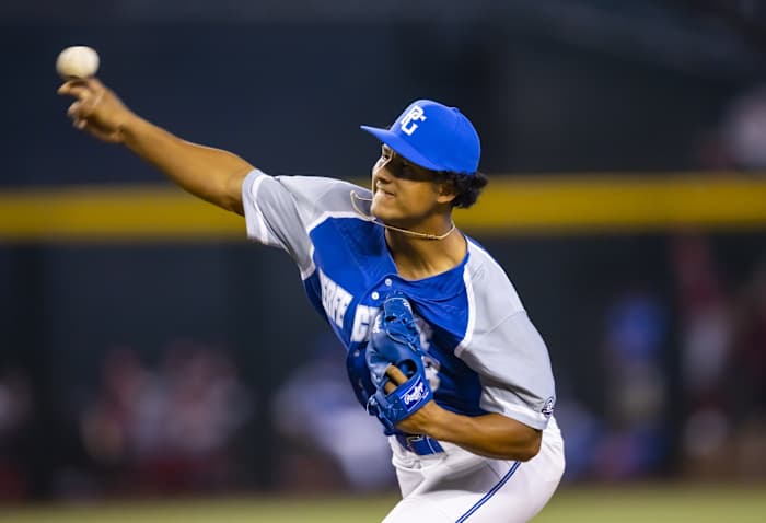 Aug 28, 2022; Phoenix, Arizona, US; East pitcher Charlee Soto (23) during the Perfect Game All-American Classic high school baseball game at Chase Field.